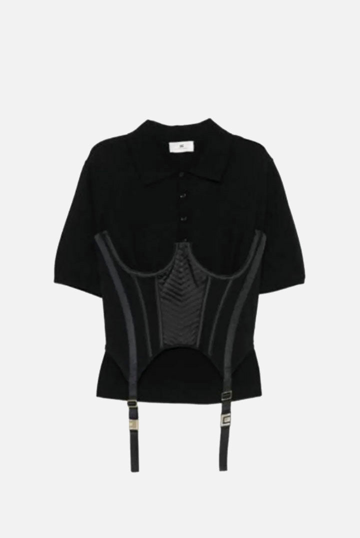 Elisabetta Franchi Polo In Maglia con Bustier In Raso e Tulle MK23S67E2 NERO