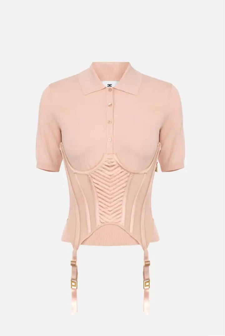 Elisabetta Franchi Polo In Maglia con Bustier In Raso e Tulle MK23S67E2 NUDE