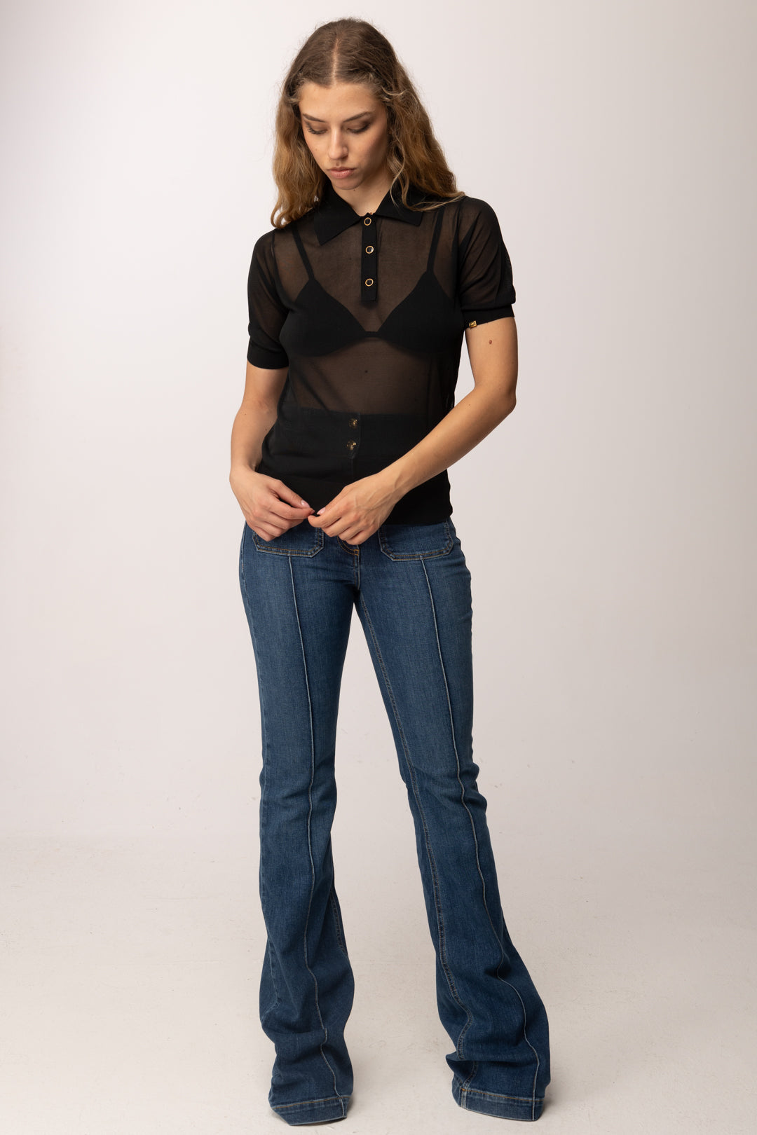Elisabetta Franchi Polo In Maglia Velata con Bottoni Logo MK80B63E2 NERO