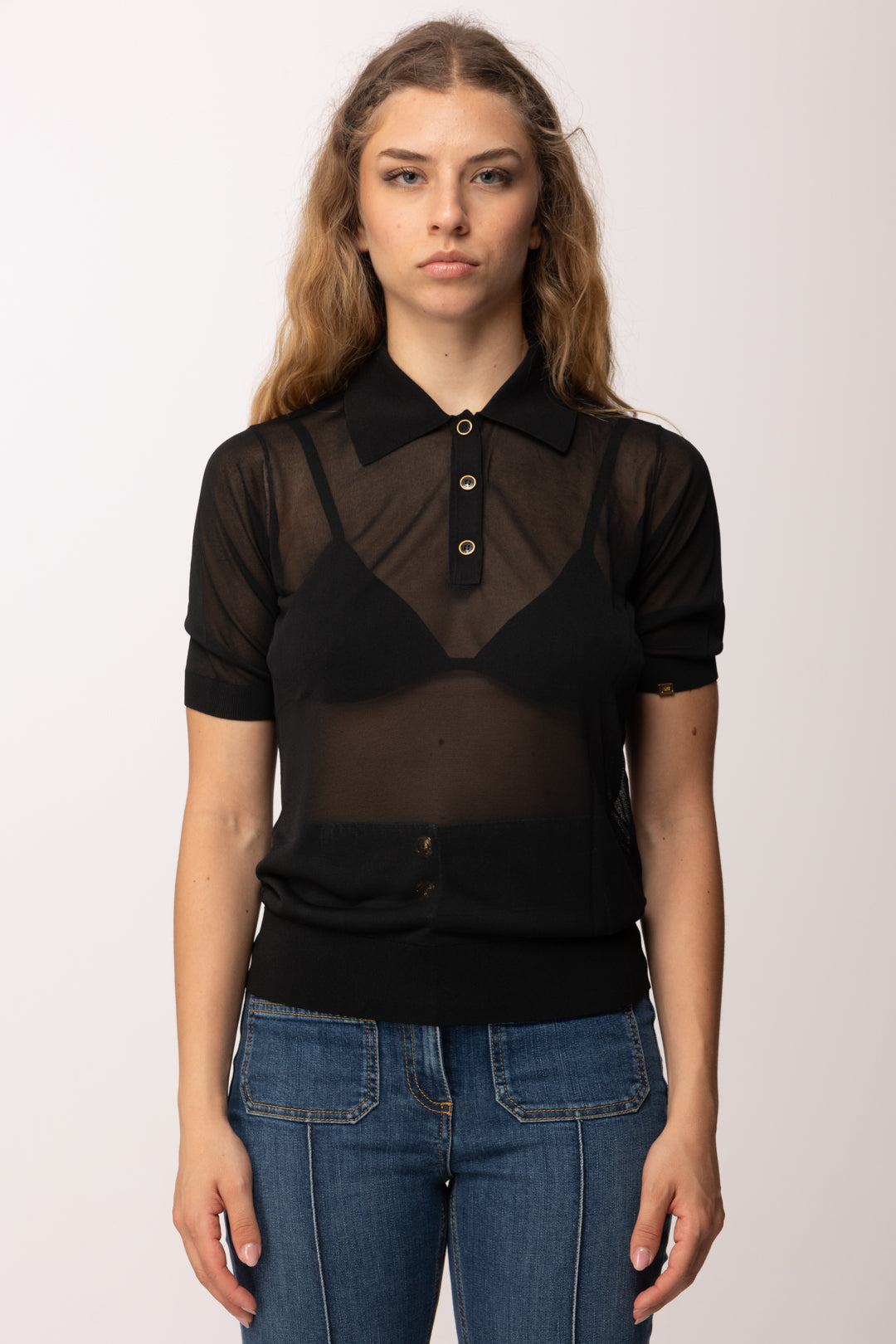 Elisabetta Franchi Polo In Maglia Velata con Bottoni Logo MK80B63E2 NERO