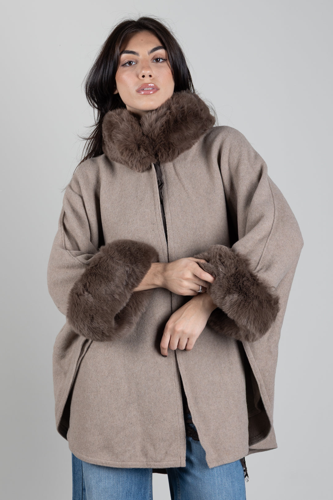 Twin-set Poncho In Panno con Faux Fur 262TO5730 MASTICE MELANGE