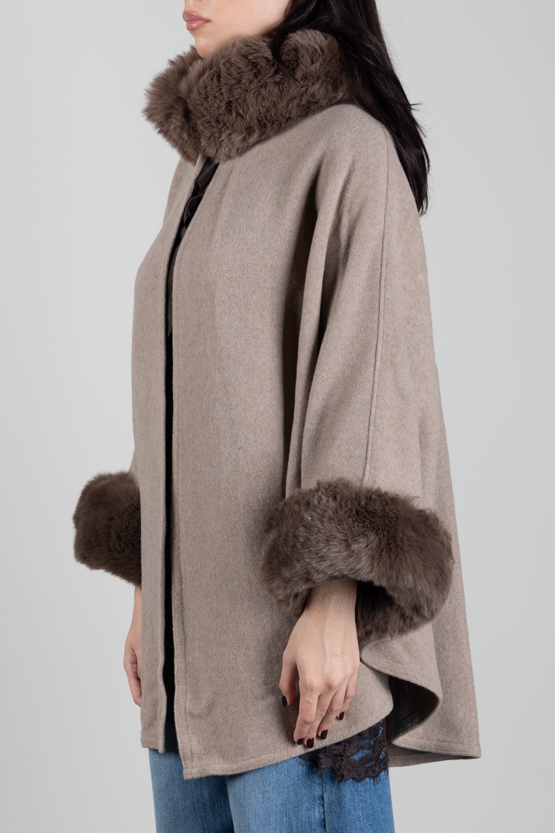 Twin-set Poncho In Panno con Faux Fur 262TO5730 MASTICE MELANGE