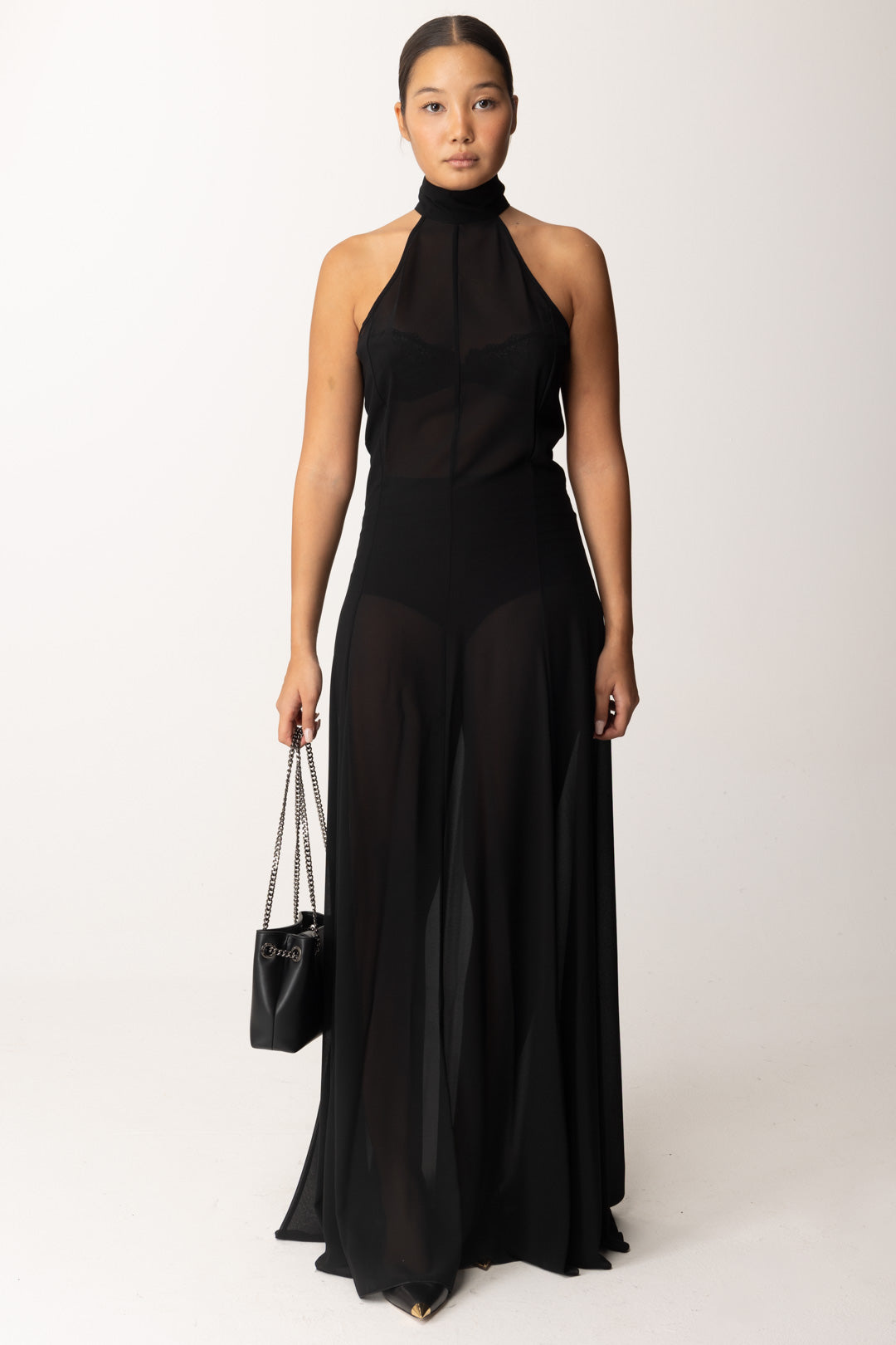 Patrizia Pepe Abito Lungo Nero Scollo Americana Vestito Lungo