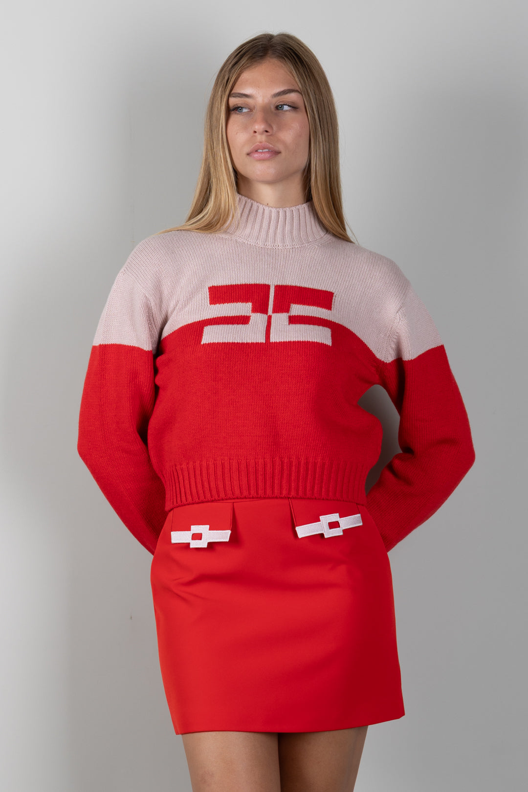 Elisabetta Franchi Bambina Pull Bicolore a Collo Alto con Logo EFMA215CFL098.D641