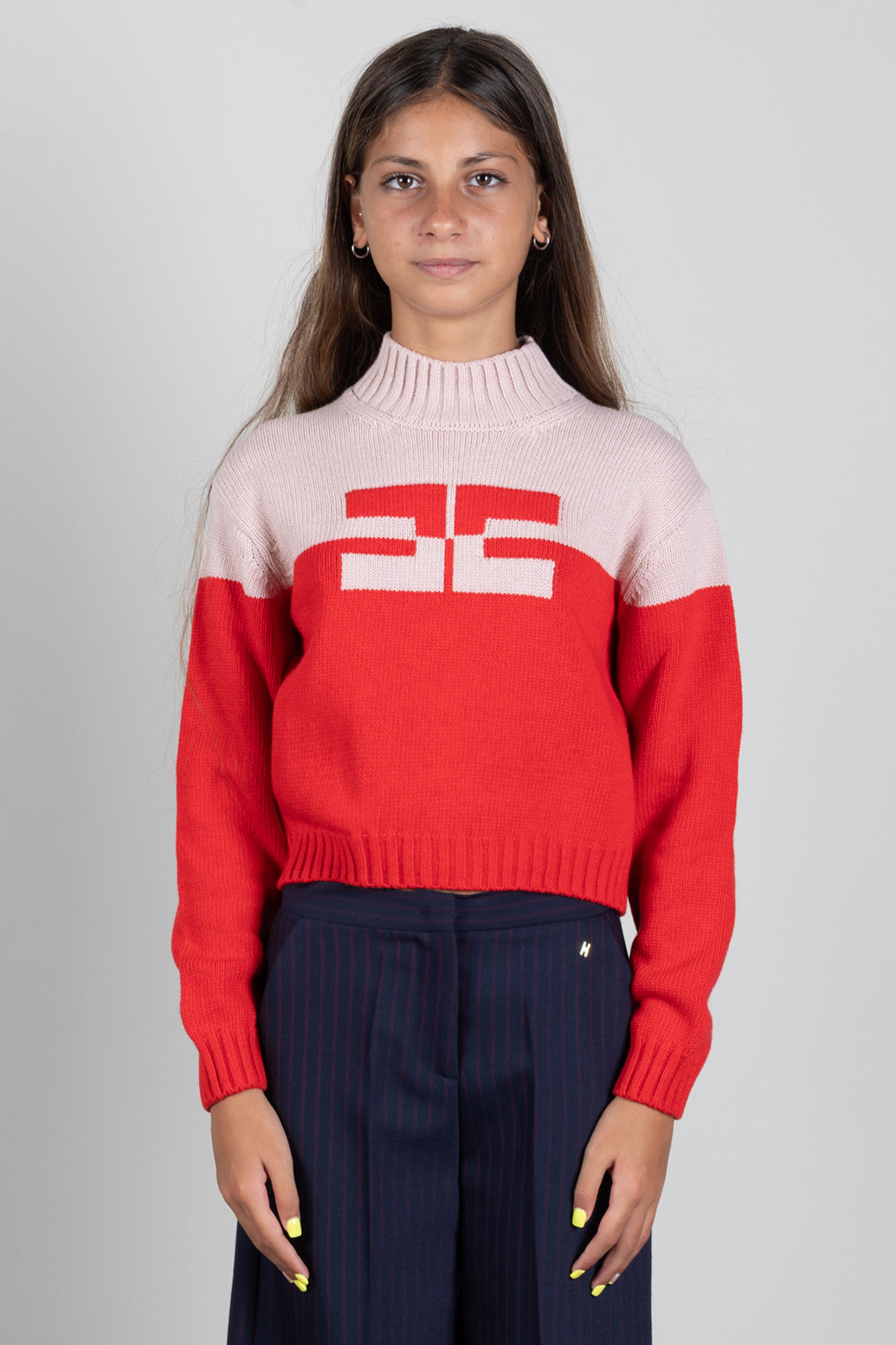 Elisabetta Franchi Bambina Pull Bicolore a Collo Alto con Logo EFMA215CFL098.D641