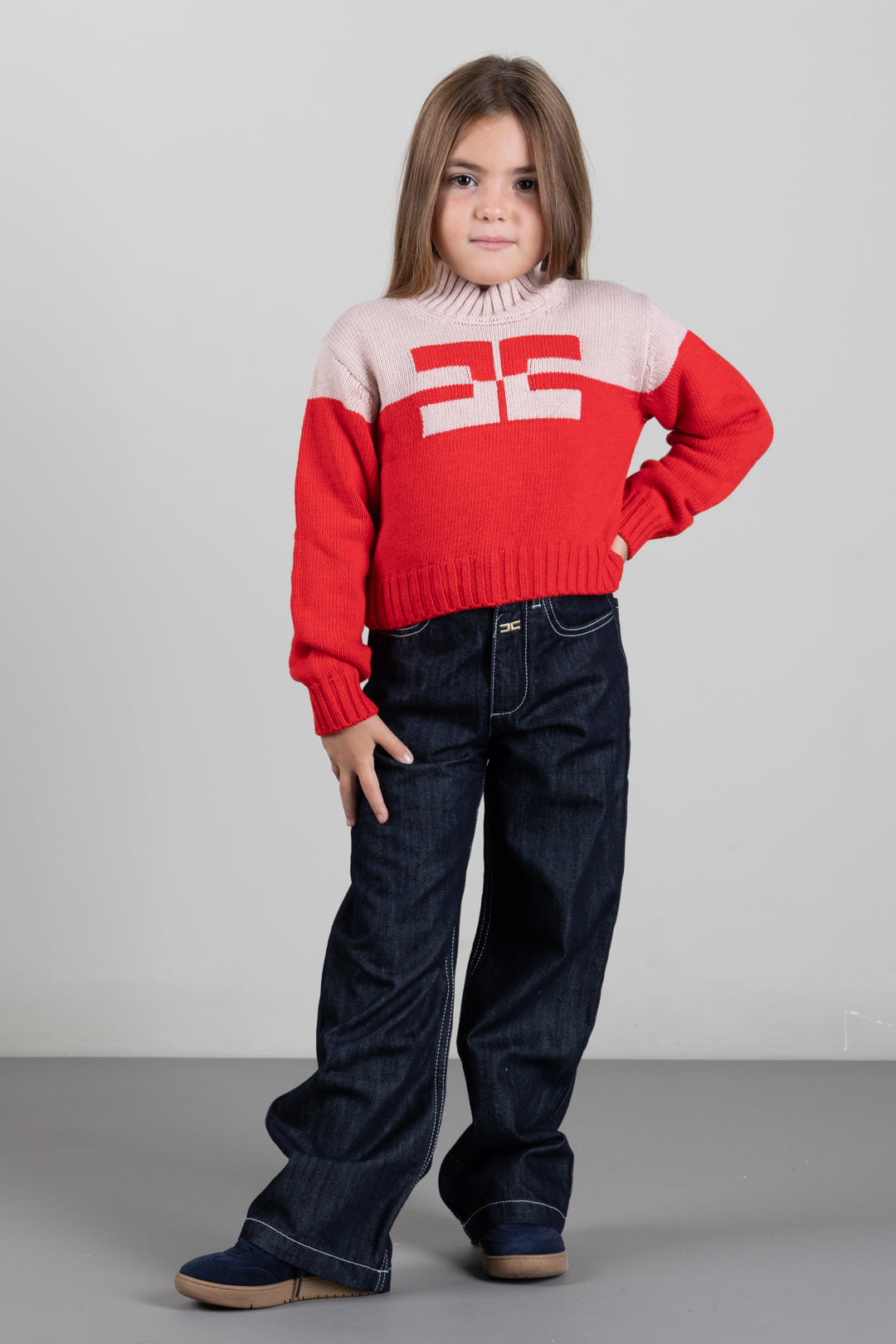 Elisabetta Franchi Bambina Pull Bicolore a Collo Alto con Logo EFMA215CFL098.D641