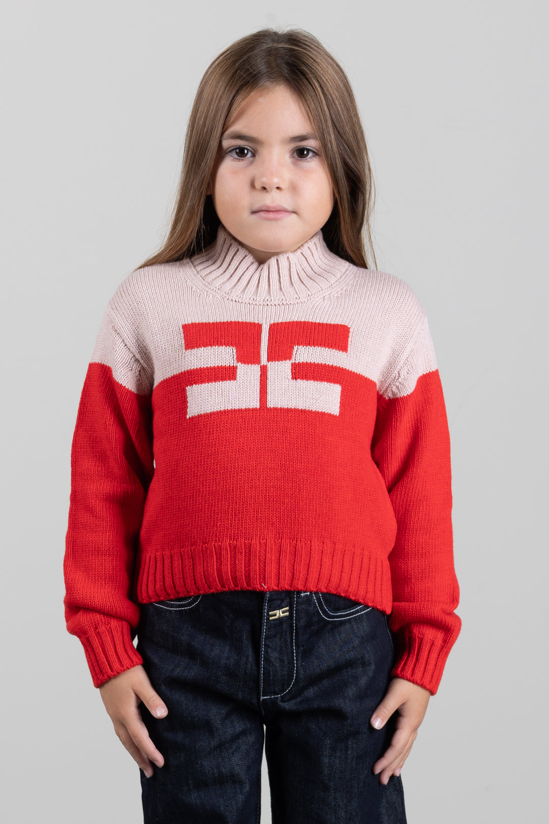 Elisabetta Franchi Bambina Pull Bicolore a Collo Alto con Logo EFMA215CFL098.D641
