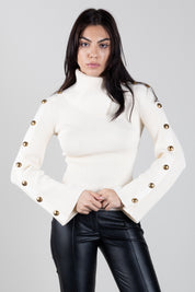 Elisabetta Franchi Pullover In Maglia con Bottoni Gioiello MK03S66E2 BURRO