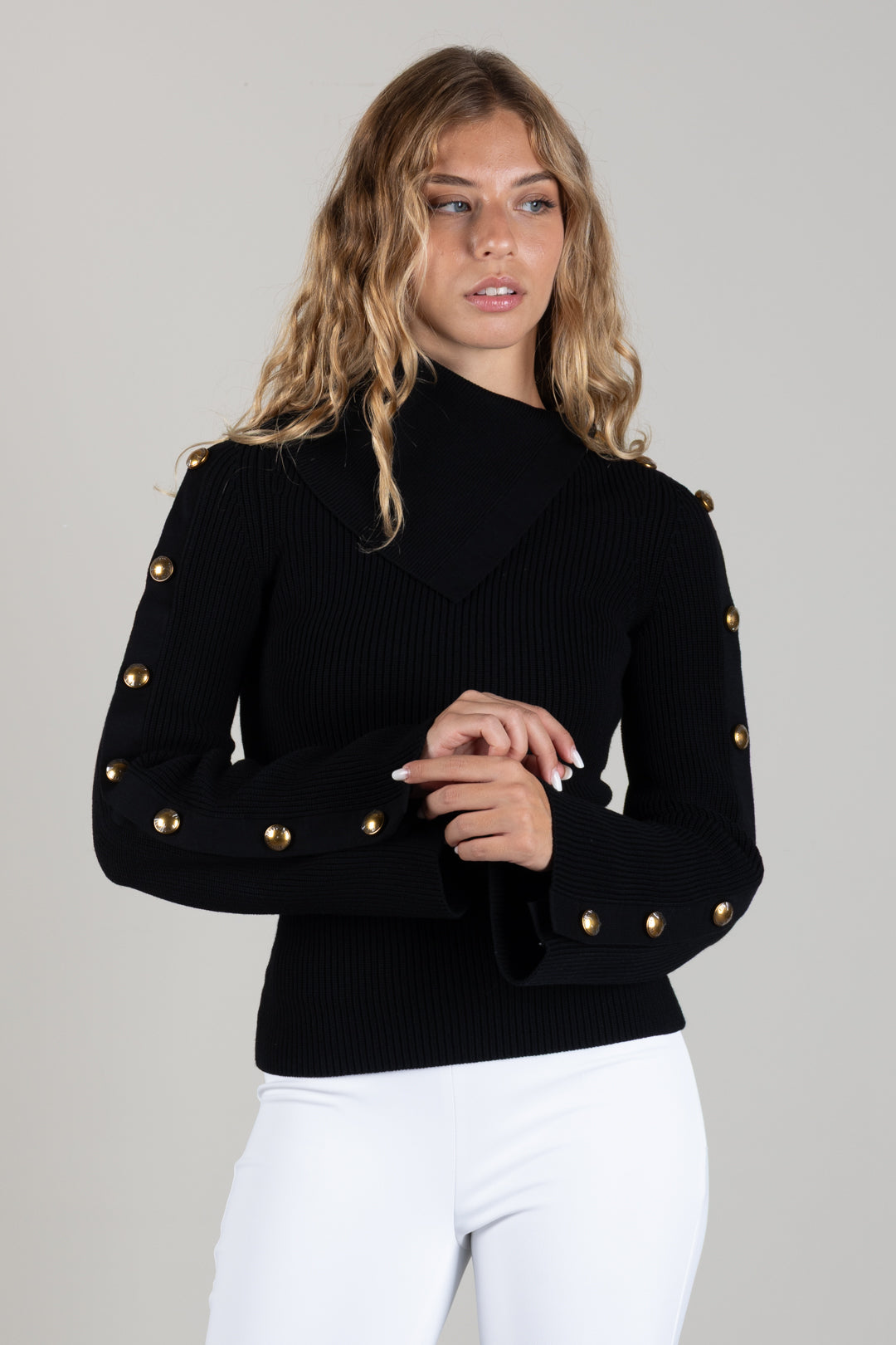 Elisabetta Franchi Pullover In Maglia con Bottoni Gioiello MK03S66E2 NERO