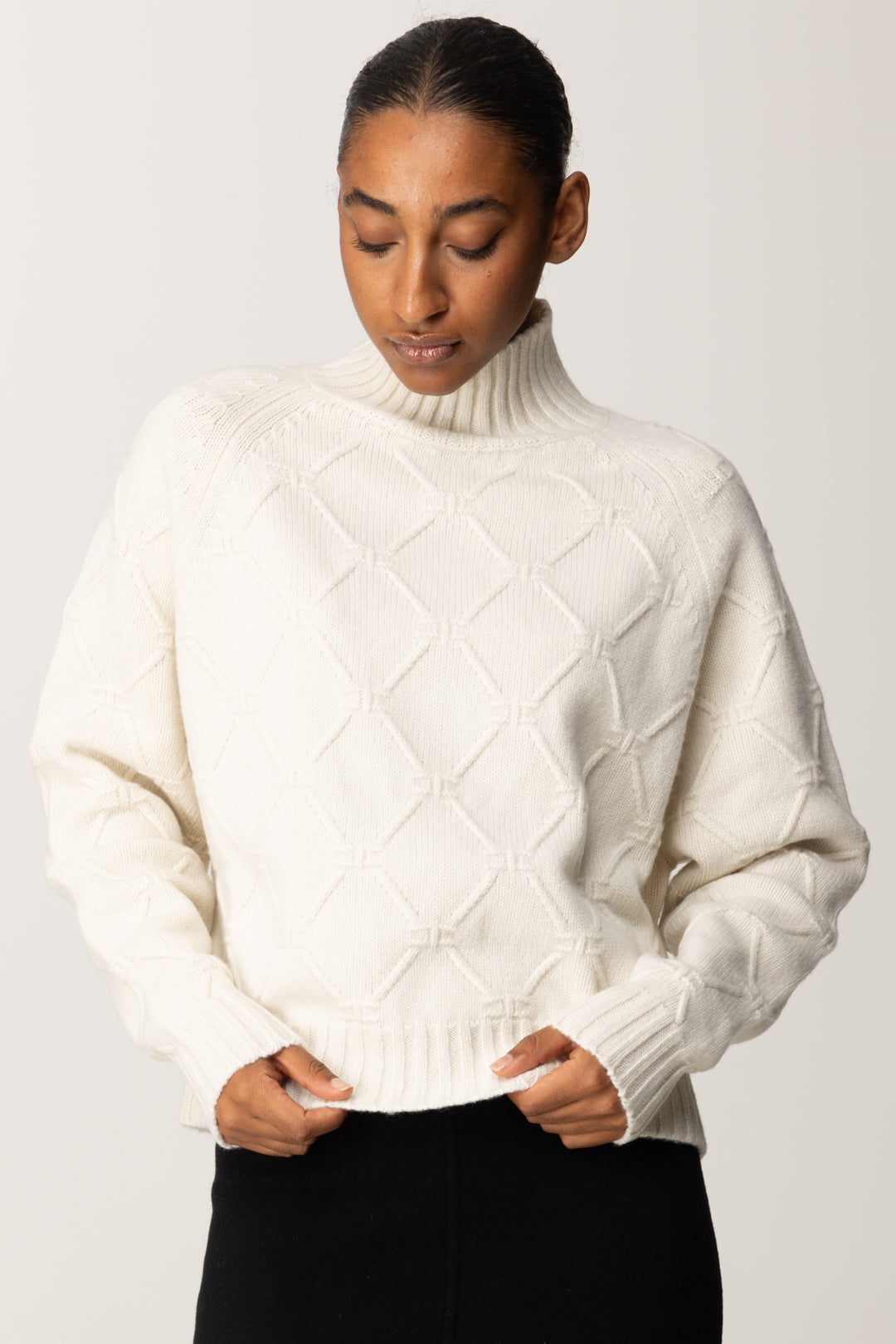 Elisabetta Franchi Pullover In Maglia con Motivo Losanghe Jacquard MK55T57E2 MILK