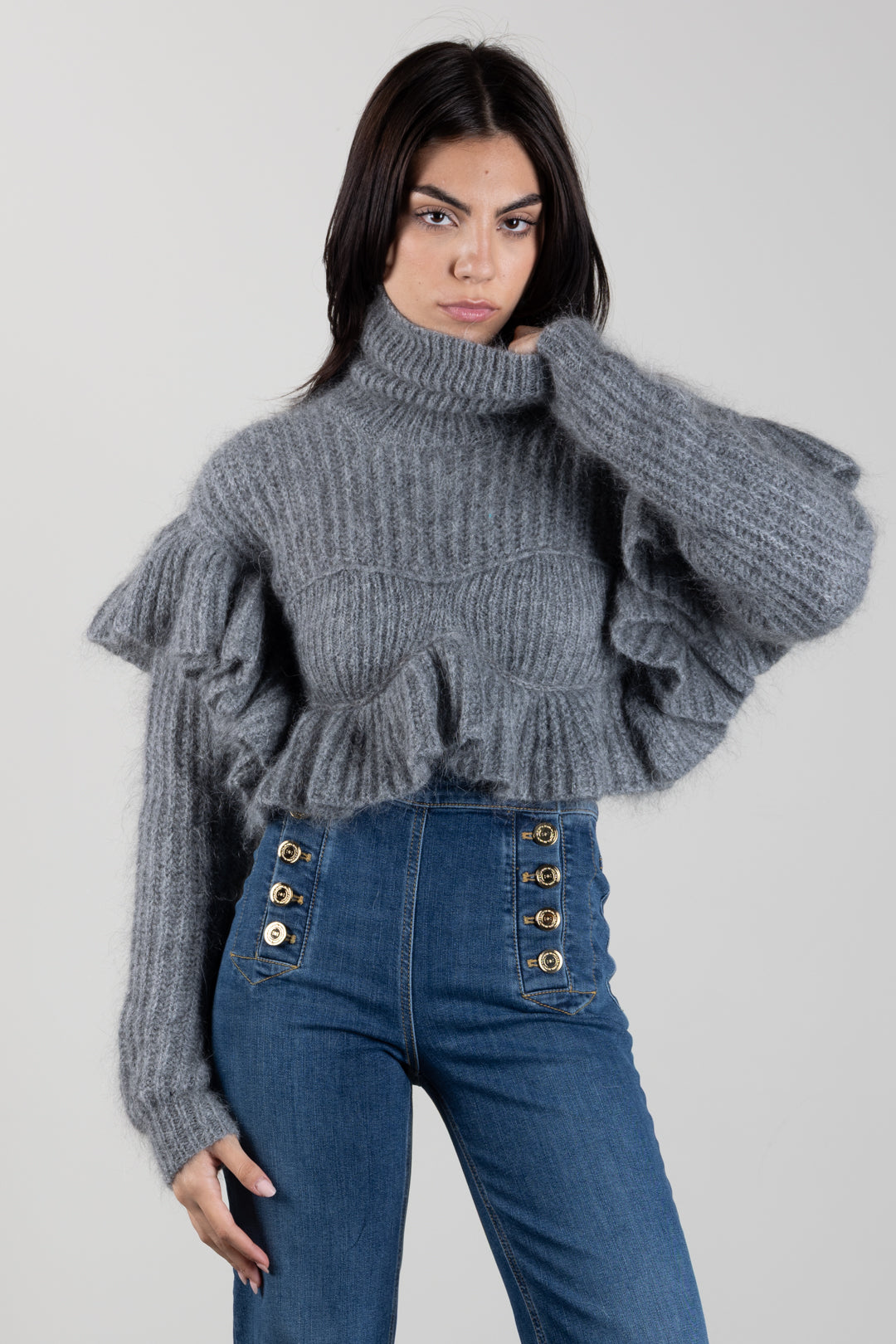 Elisabetta Franchi Pullover In Maglia con Ruches MK43T67E2 GRIGIO MELANGE