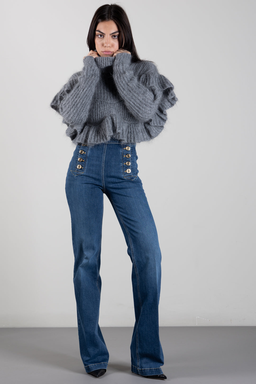 Elisabetta Franchi Pullover In Maglia con Ruches MK43T67E2 GRIGIO MELANGE