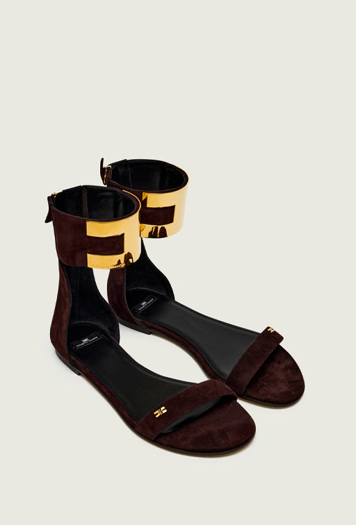 Elisabetta Franchi Sandali Flat In Suede con Logo Gioiello SA88L62E2 CACAO