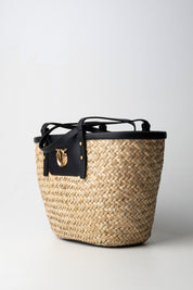 Pinko Shopping Bag In Rafia con Finiture In Pelle 103324 A1RL NERO-ANTIQUE GOLD