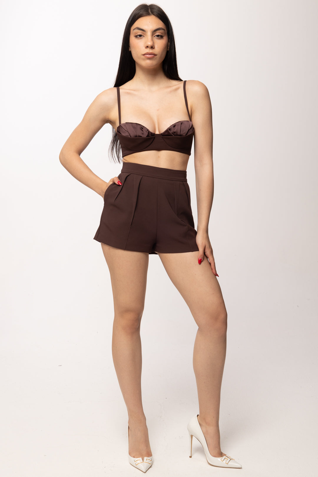 Elisabetta Franchi Shorts In Crêpe Leggero con Pinces SH01062E2 CACAO