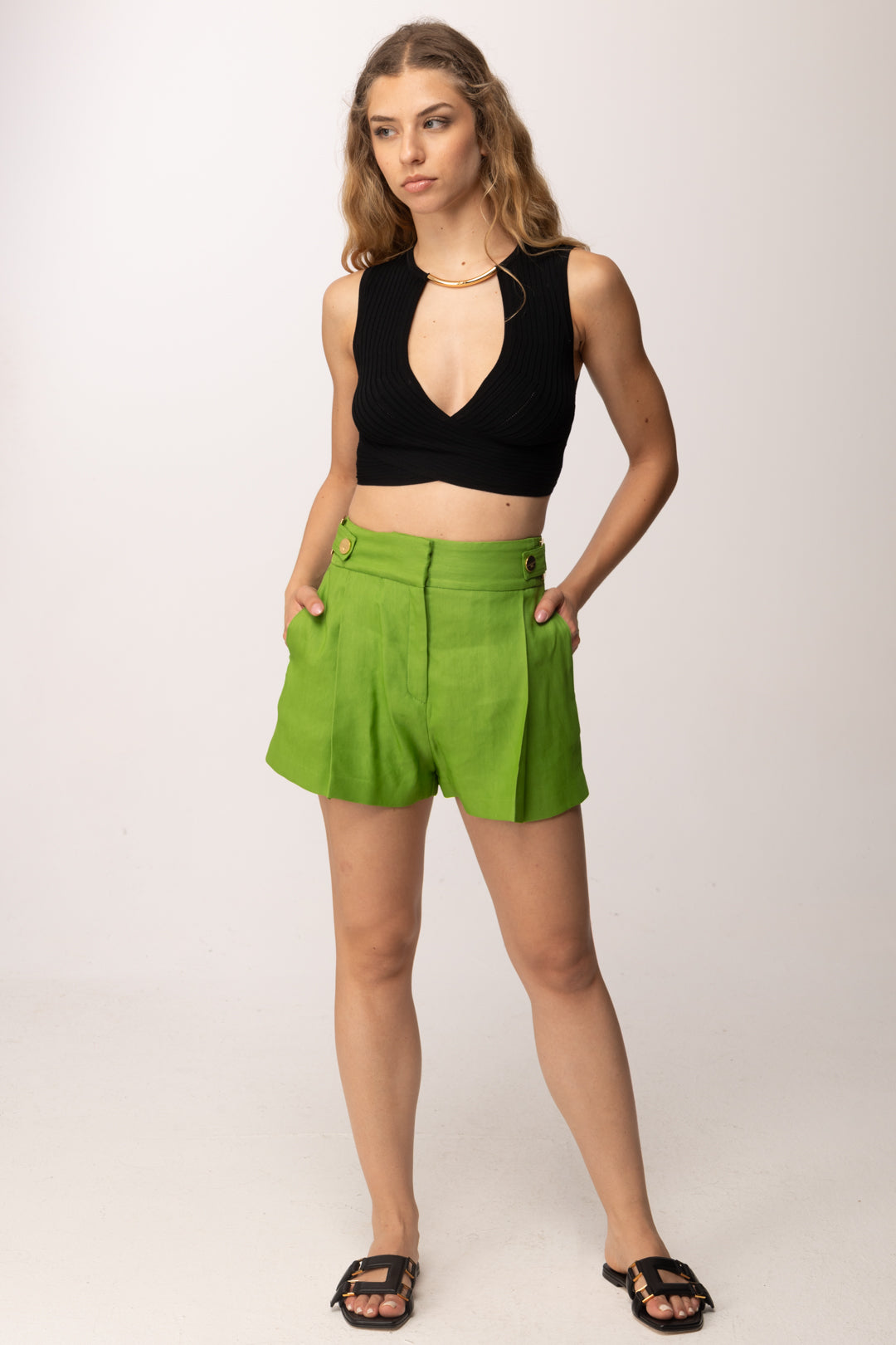 Elisabetta Franchi Shorts In Misto Lino con Cinturini SH01162E2 ALOE