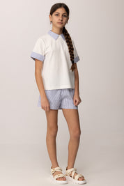 Elisabetta Franchi Bambina Shorts In Popeline con Stampa Righe e Ricamo Logo EFBE0870CR025.D885