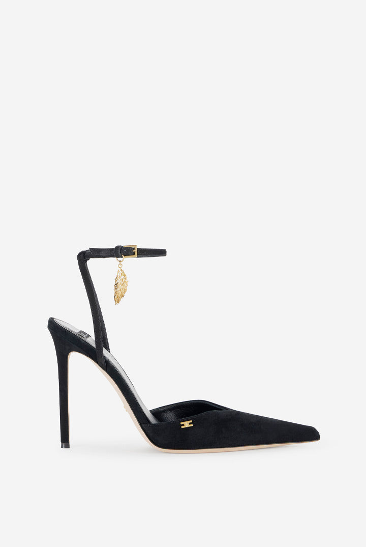 Elisabetta Franchi Slingback In Suede con Dettaglio Piuma Dorata SA04L67E2 NERO