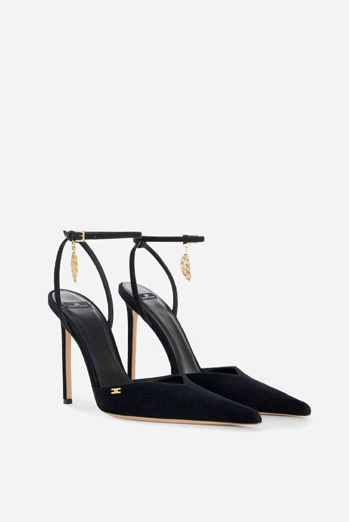 Elisabetta Franchi Slingback In Suede con Dettaglio Piuma Dorata SA04L67E2 NERO