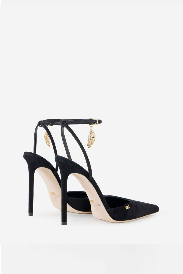Elisabetta Franchi Slingback In Suede con Dettaglio Piuma Dorata SA04L67E2 NERO