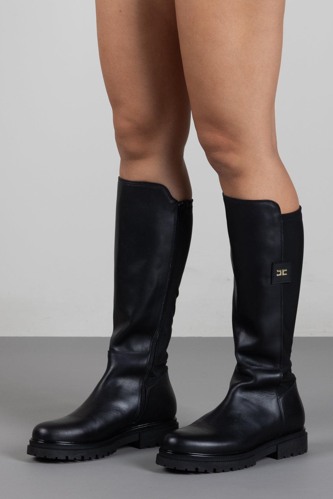 Elisabetta Franchi Bambina Stivali Al Ginocchio con Logo e Suola Carrarmato F4A6-E0709-1333999- NERO