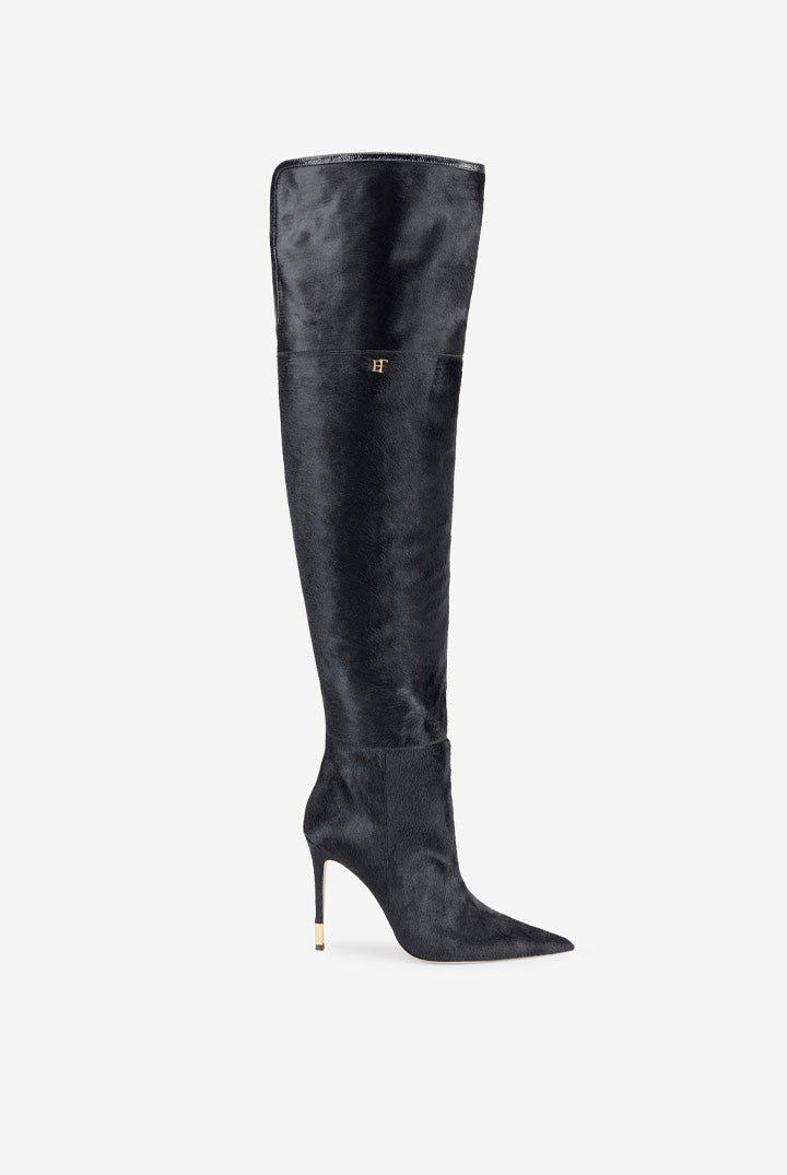 Elisabetta Franchi Stivali Alti In Cavallino con Tacco Stiletto e Logo Dorato SA16L67E2 NERO