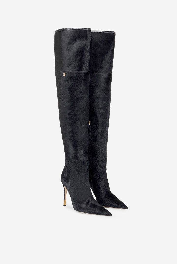Elisabetta Franchi Stivali Alti In Cavallino con Tacco Stiletto e Logo Dorato SA16L67E2 NERO