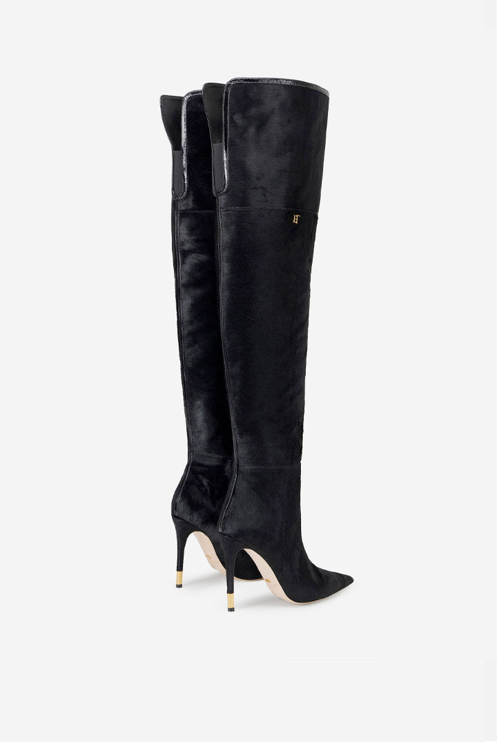 Elisabetta Franchi Stivali Alti In Cavallino con Tacco Stiletto e Logo Dorato SA16L67E2 NERO