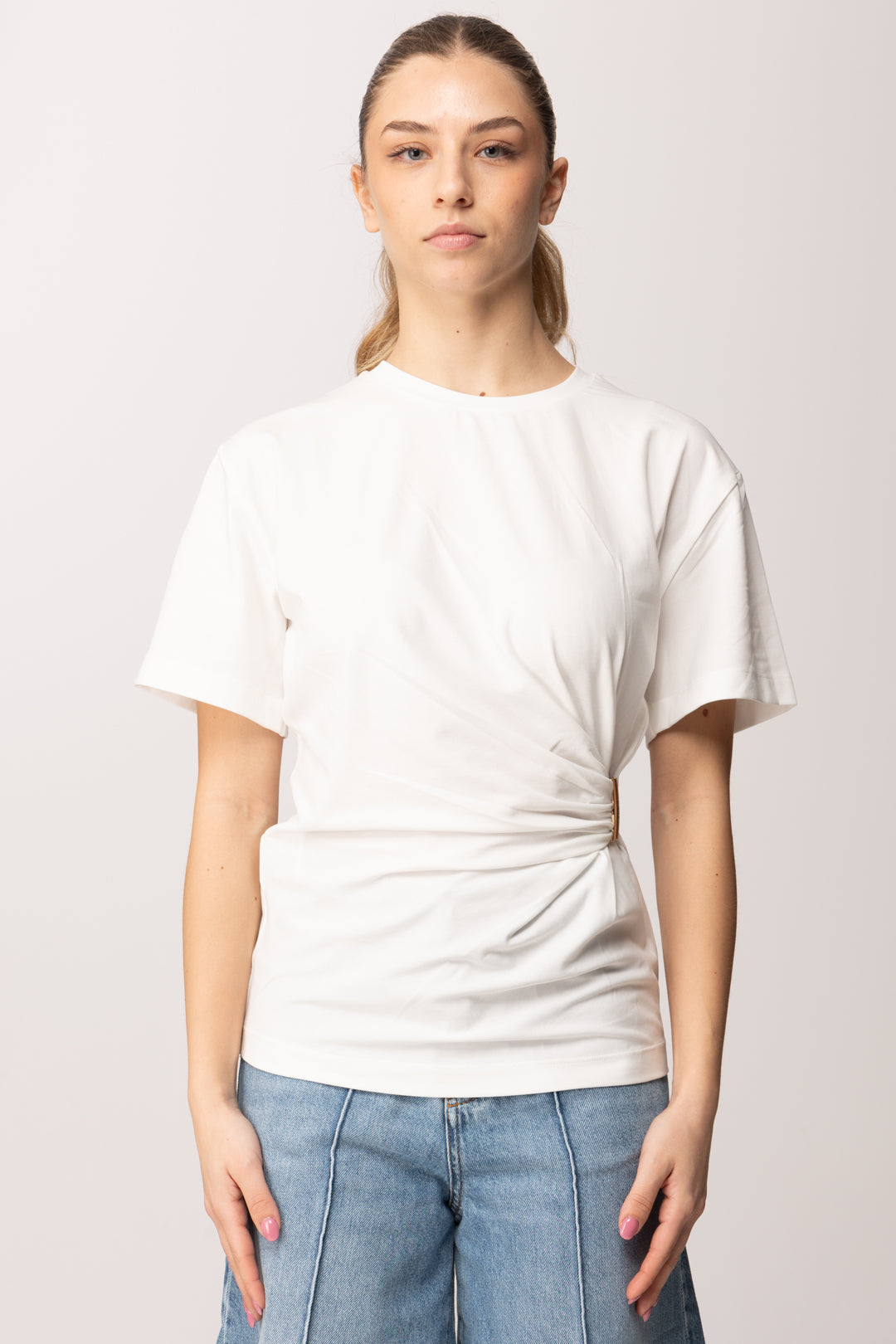 Pinko T-shirt con Drappeggio e Dettaglio Oro Al Fianco 106455 A35D Z05