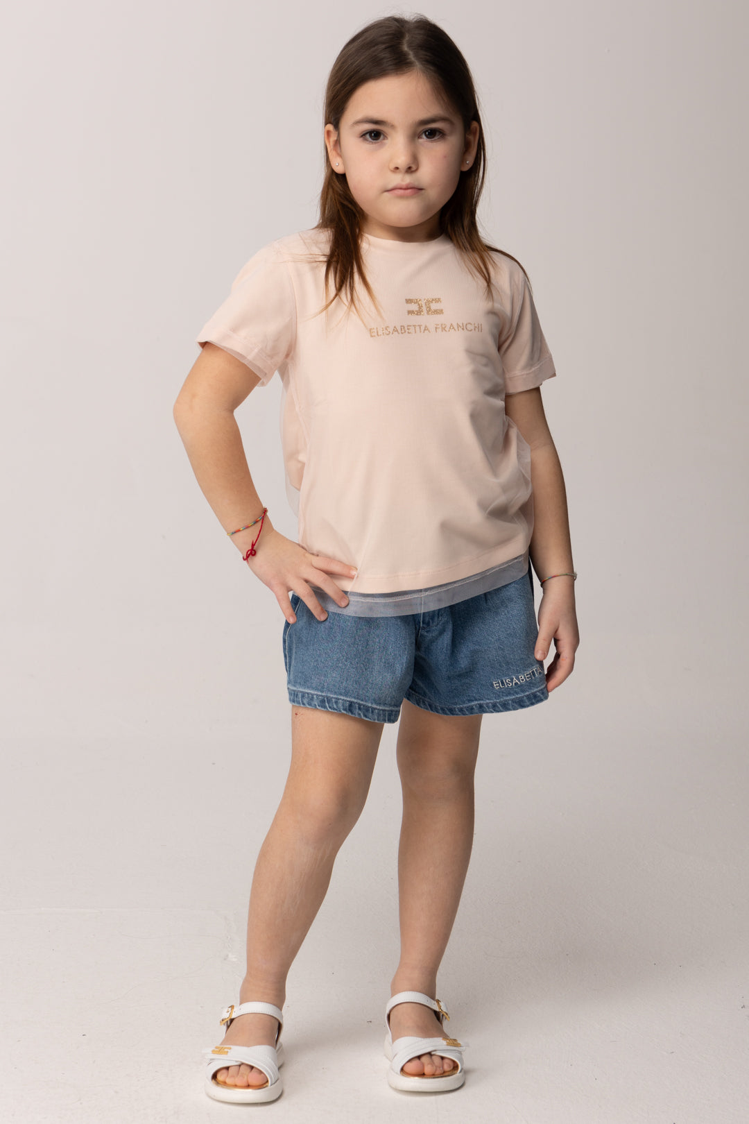 Elisabetta Franchi Bambina T-shirt con Logo Glitter e Fondo In Tulle EGTS1130JE006.C125