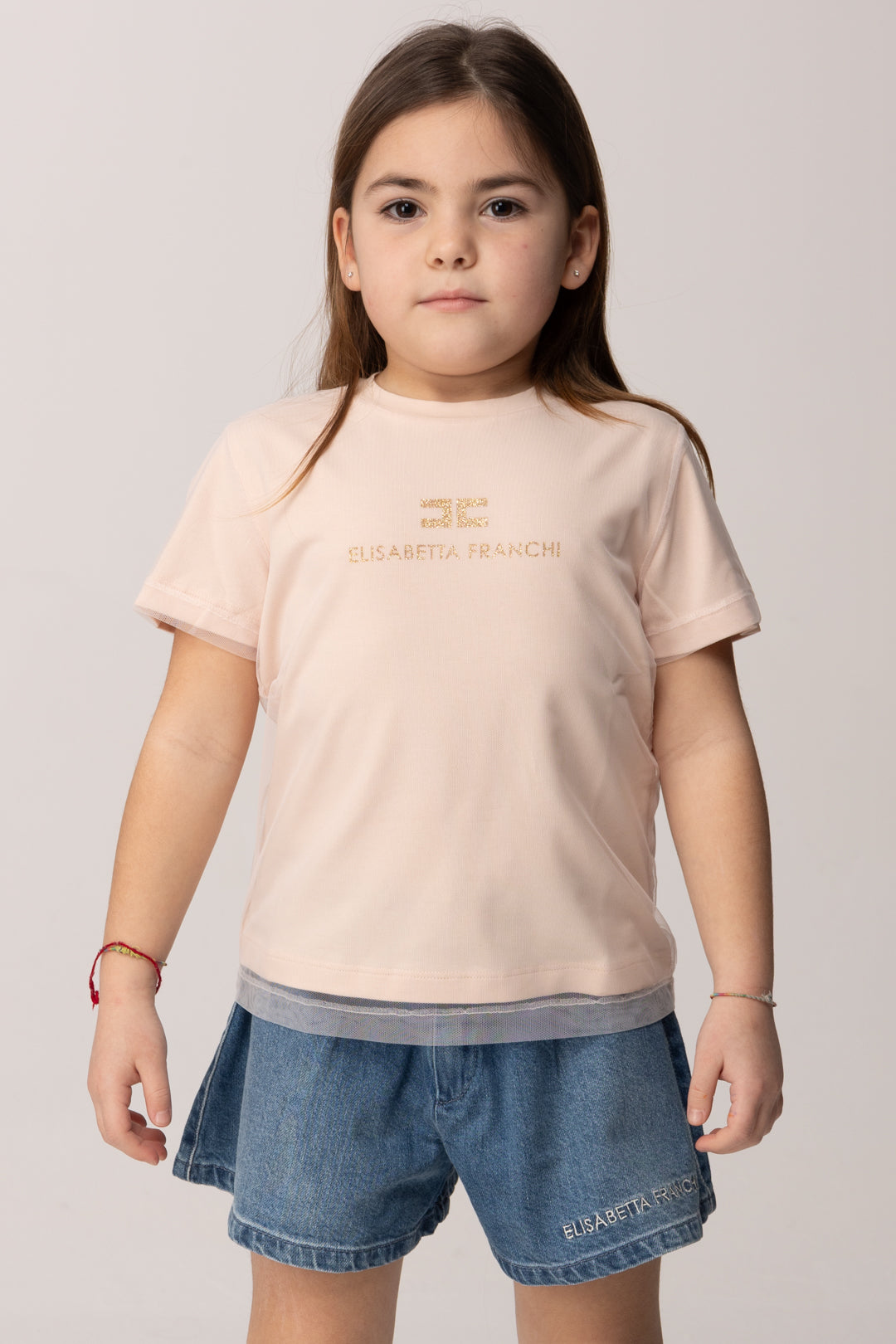 Elisabetta Franchi Bambina T-shirt con Logo Glitter e Fondo In Tulle EGTS1130JE006.C125