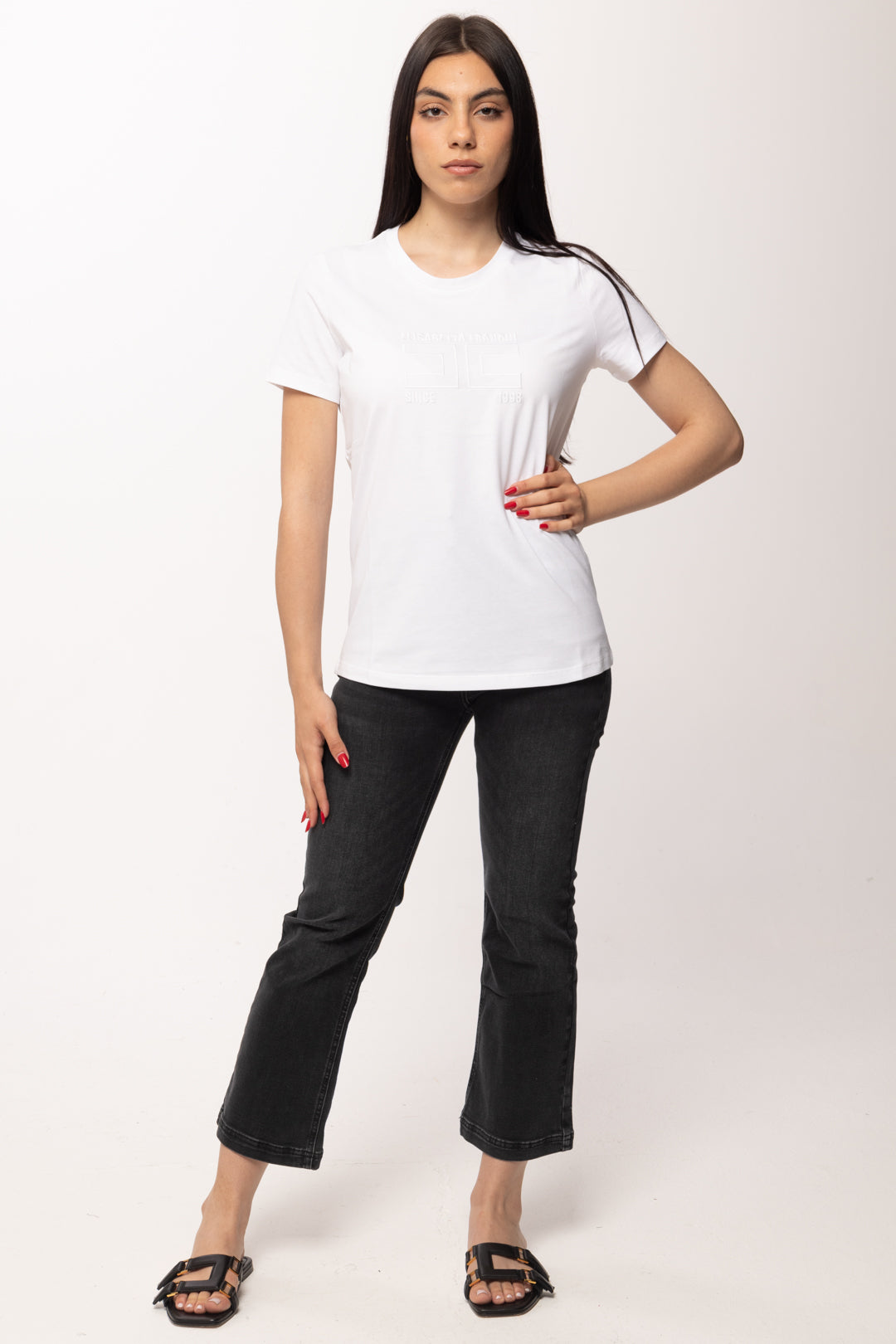 Elisabetta Franchi T-shirt con Logo Ricamato MA71G61E2 GESSO