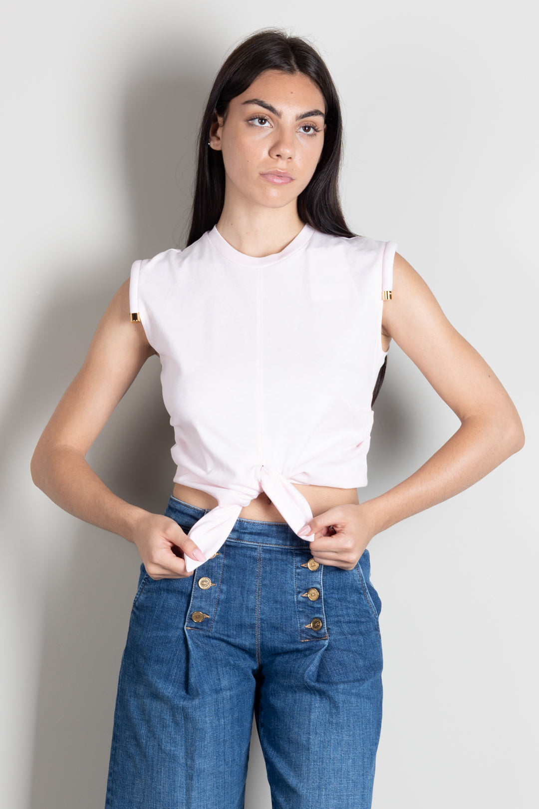 Elisabetta Franchi T-shirt  con Nodo e Dettaglio Sulle Spalle MA00766E2 MARSHMALLOW