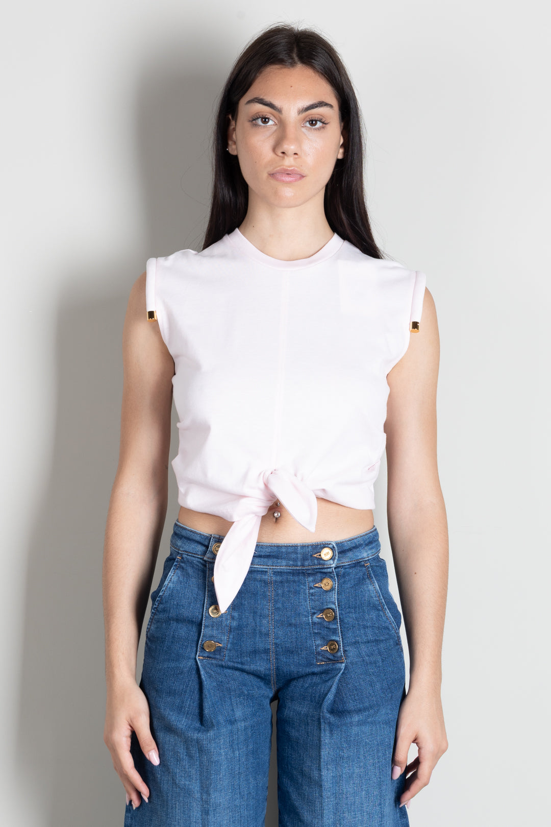 Elisabetta Franchi T-shirt  con Nodo e Dettaglio Sulle Spalle MA00766E2 MARSHMALLOW