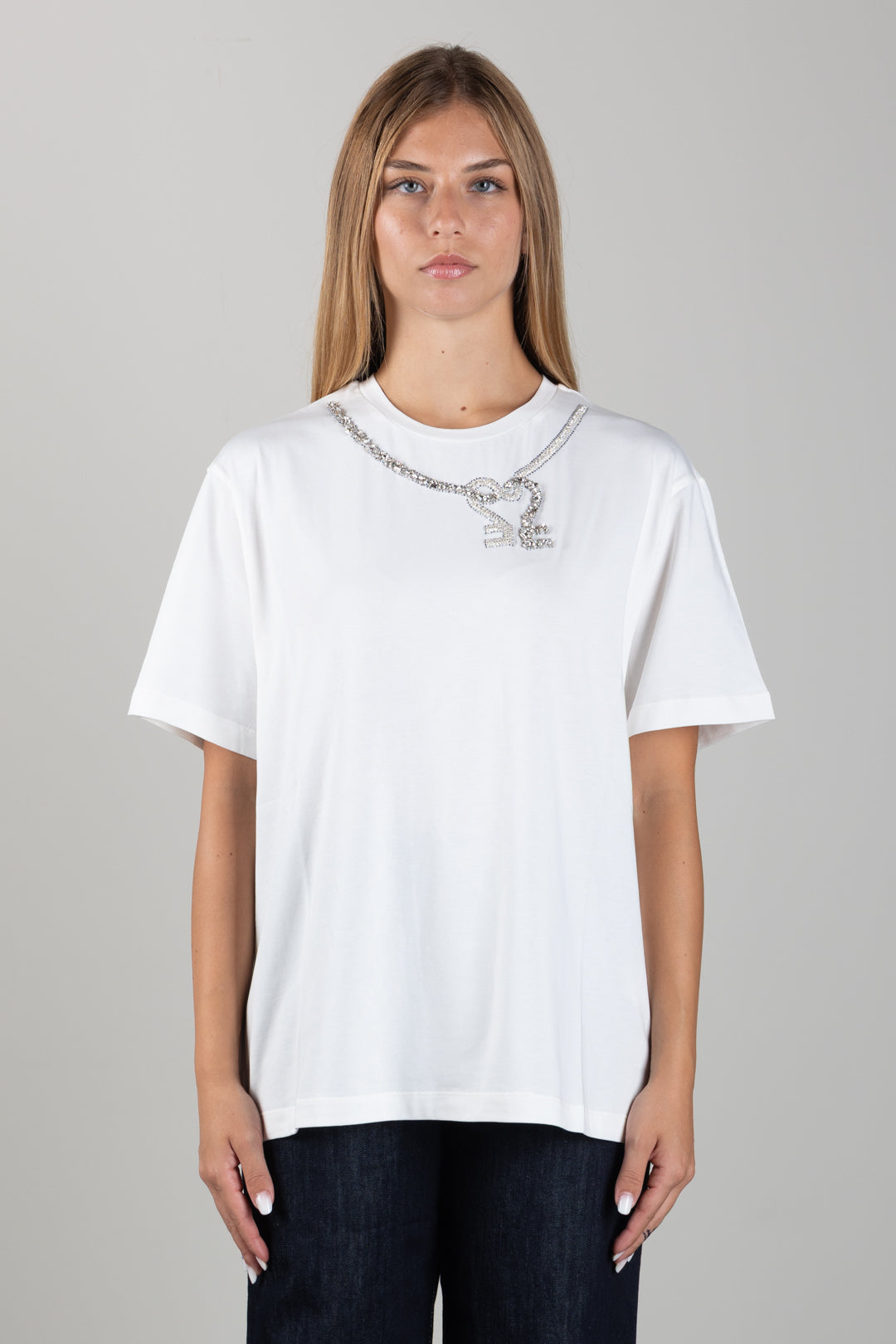 Elisabetta Franchi Bambina T-shirt con Ricamo Collana Gioiello e Logo EFTS264CJE018.0004