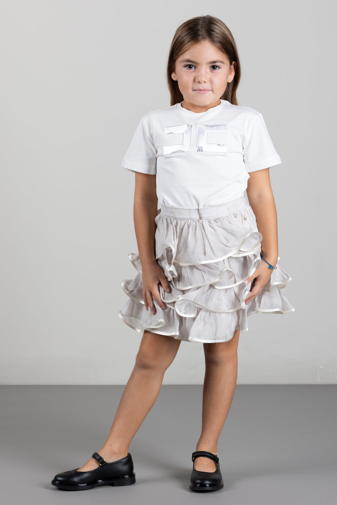 Elisabetta Franchi Bambina T-shirt con Ricamo Doppia C e Strass EFTS270CJE018.0004