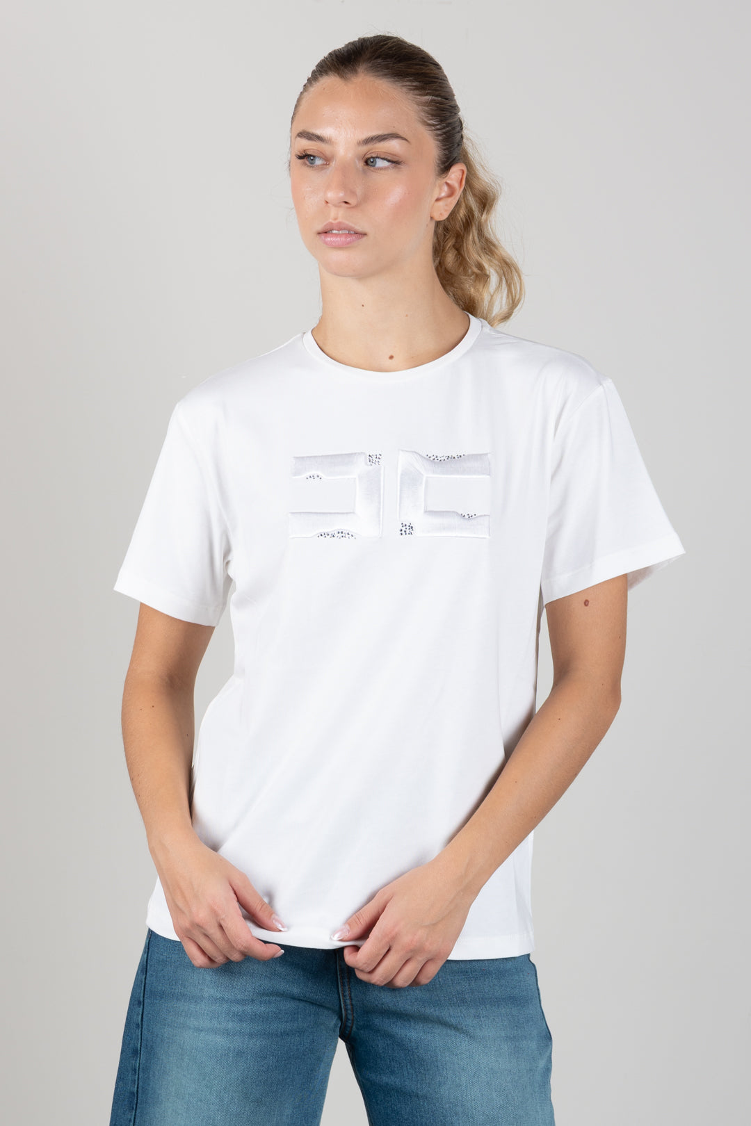Elisabetta Franchi Bambina T-shirt con Ricamo Doppia C e Strass EFTS270CJE018.0004