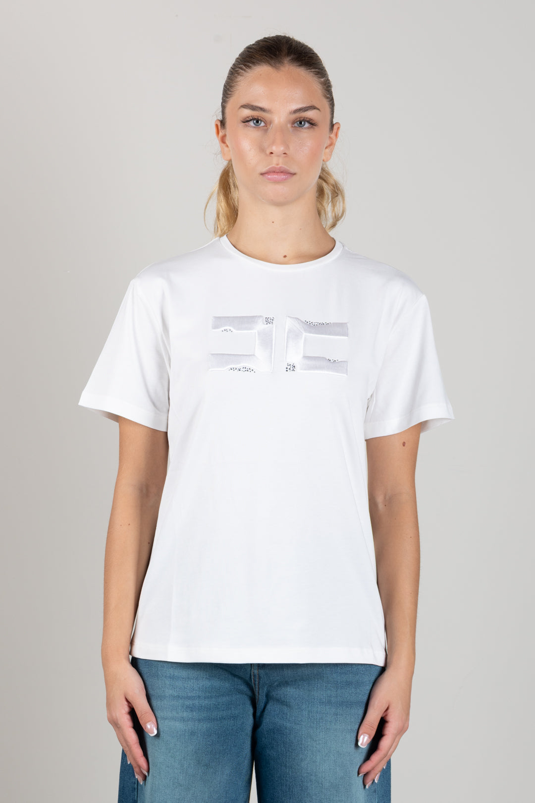 Elisabetta Franchi Bambina T-shirt con Ricamo Doppia C e Strass EFTS270CJE018.0004
