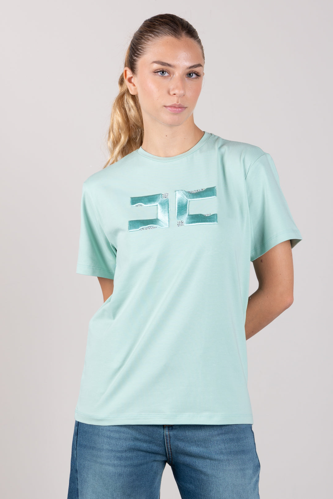 Elisabetta Franchi Bambina T-shirt con Ricamo Doppia C e Strass EFTS270CJE018.1069