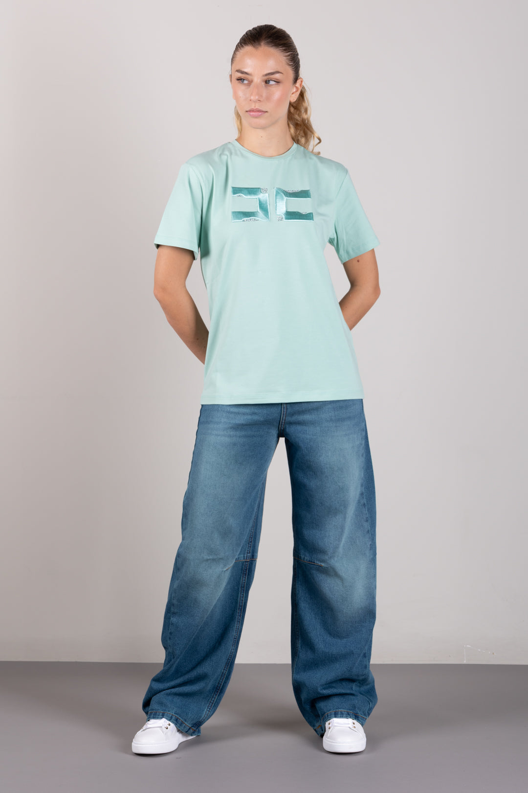 Elisabetta Franchi Bambina T-shirt con Ricamo Doppia C e Strass EFTS270CJE018.1069