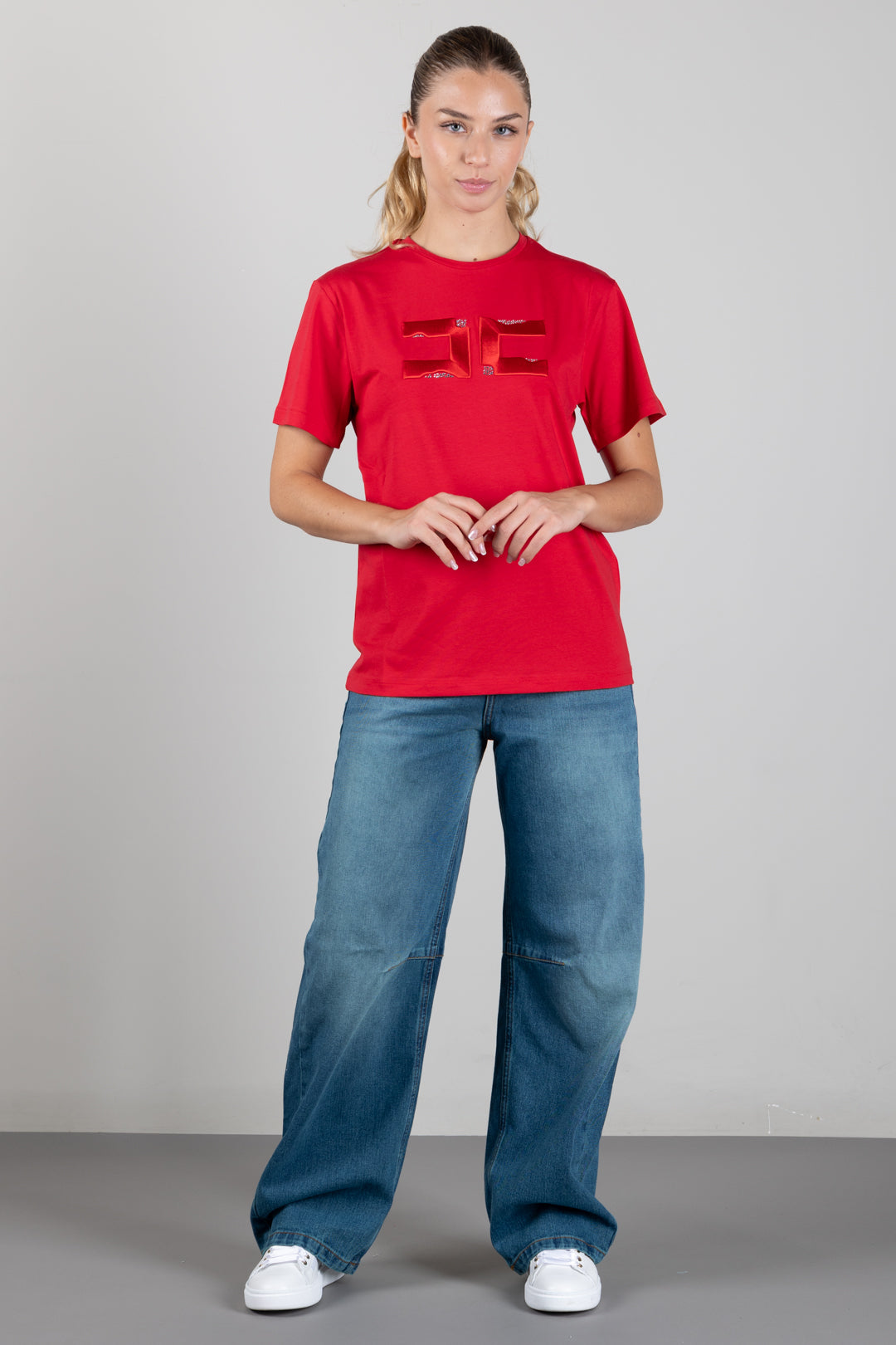 Elisabetta Franchi Bambina T-shirt con Ricamo Doppia C e Strass EFTS270CJE018.3028