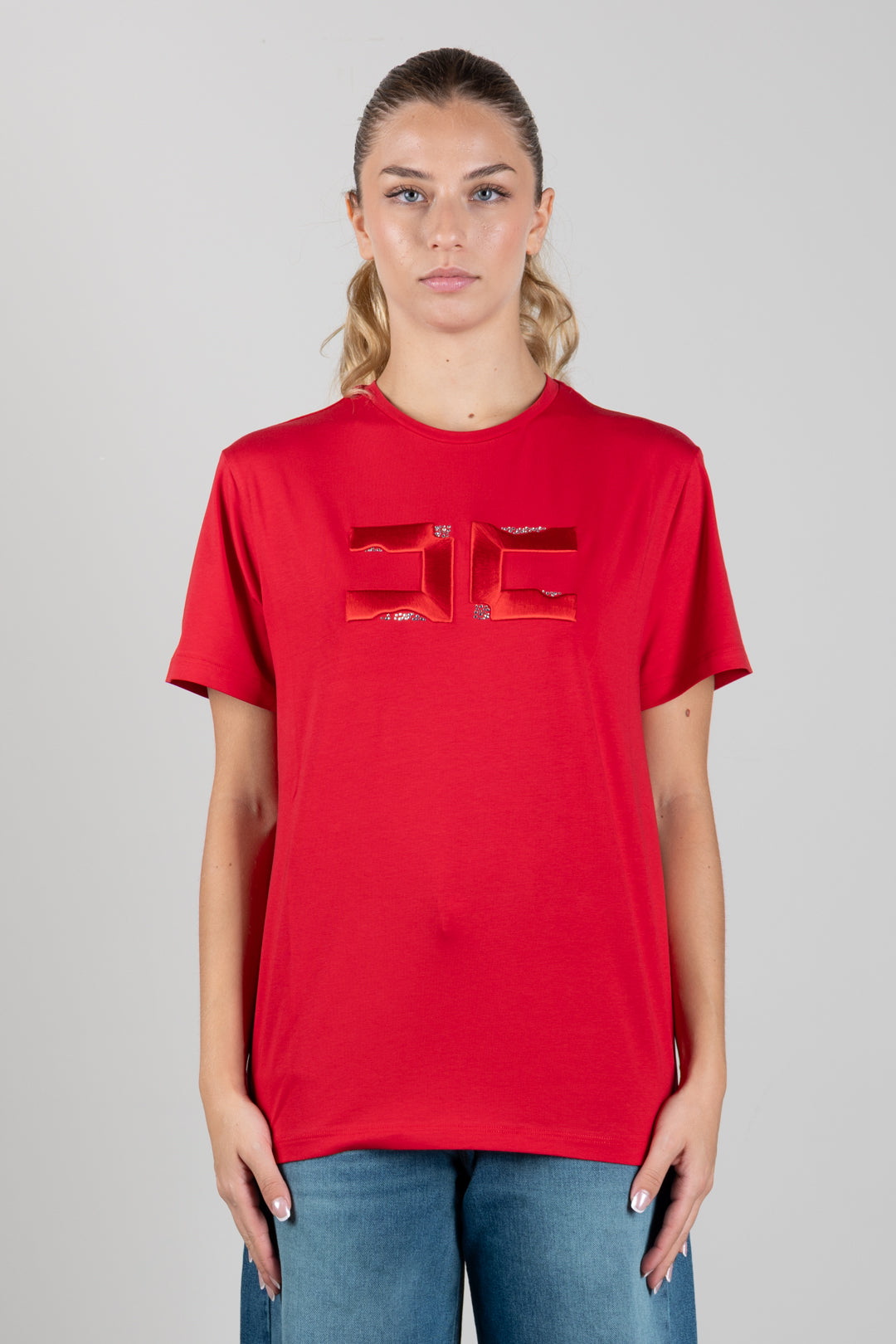 Elisabetta Franchi Bambina T-shirt con Ricamo Doppia C e Strass EFTS270CJE018.3028