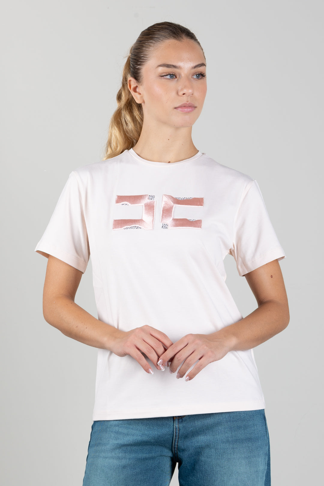 Elisabetta Franchi Bambina T-shirt con Ricamo Doppia C e Strass EFTS270CJE018.C063
