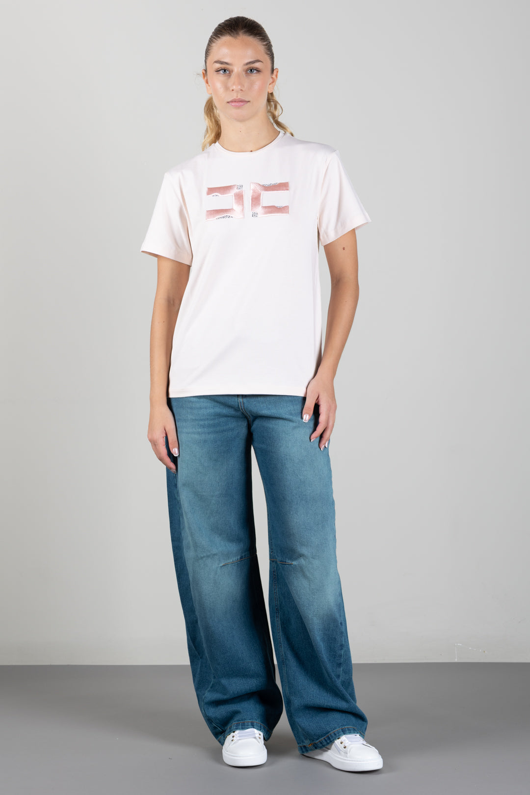 Elisabetta Franchi Bambina T-shirt con Ricamo Doppia C e Strass EFTS270CJE018.C063