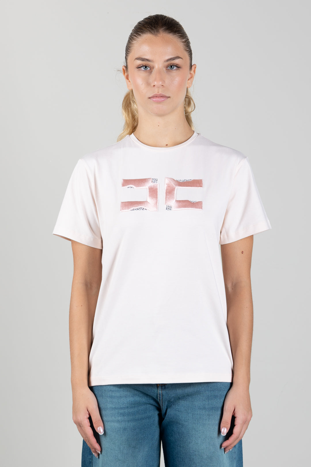 Elisabetta Franchi Bambina T-shirt con Ricamo Doppia C e Strass EFTS270CJE018.C063