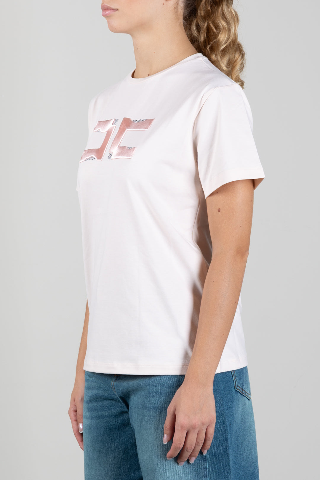Elisabetta Franchi Bambina T-shirt con Ricamo Doppia C e Strass EFTS270CJE018.C063