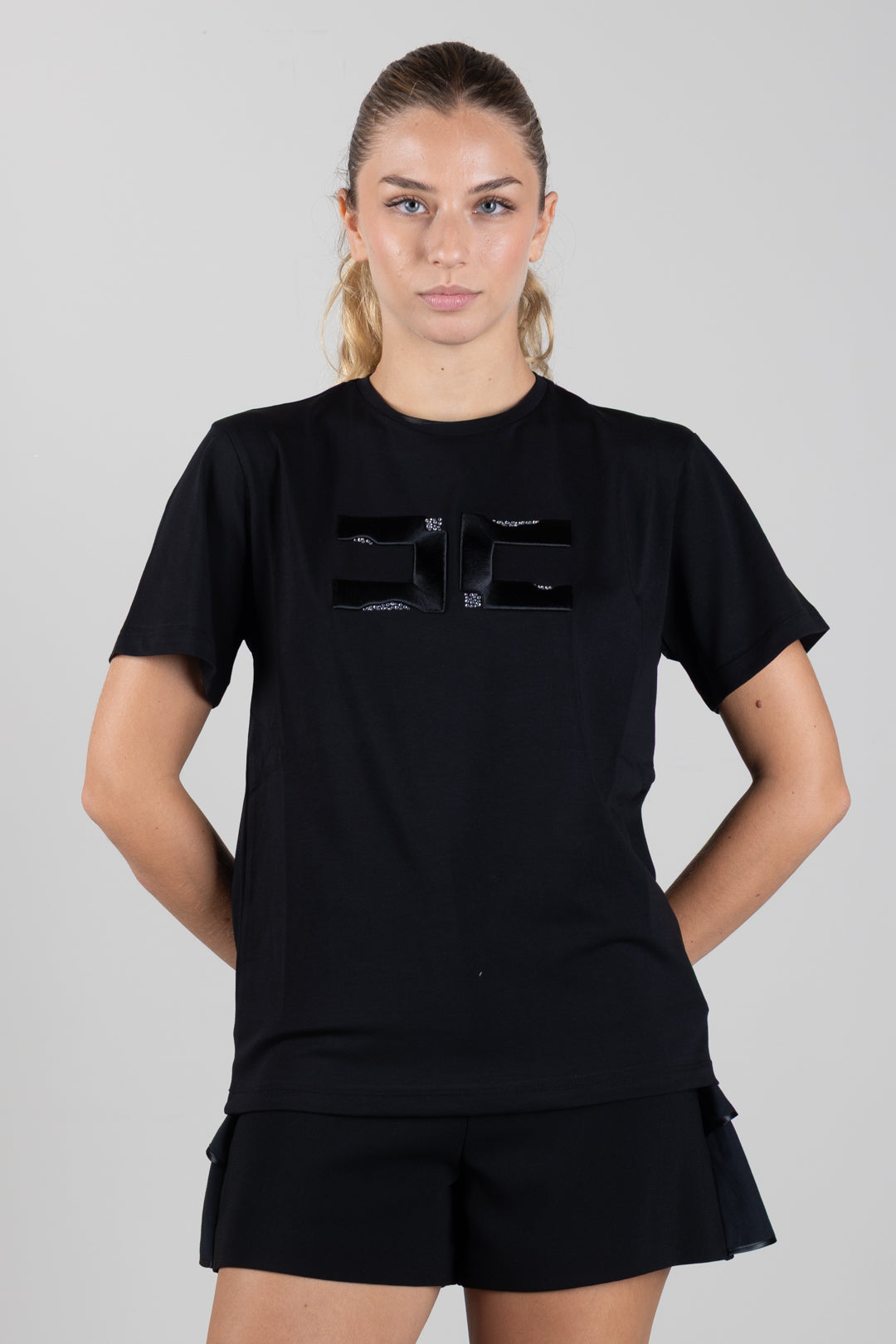Elisabetta Franchi Bambina T-shirt con Ricamo Doppia C e Strass EFTS270CJE018.N000