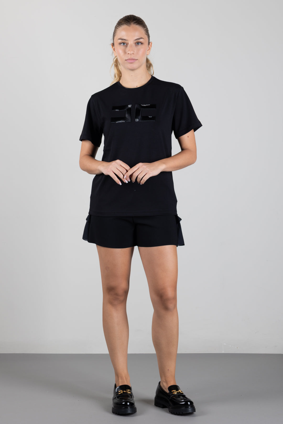 Elisabetta Franchi Bambina T-shirt con Ricamo Doppia C e Strass EFTS270CJE018.N000