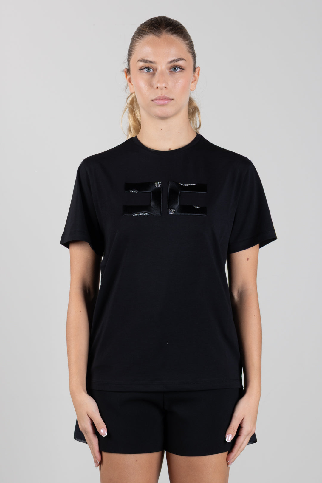 Elisabetta Franchi Bambina T-shirt con Ricamo Doppia C e Strass EFTS270CJE018.N000