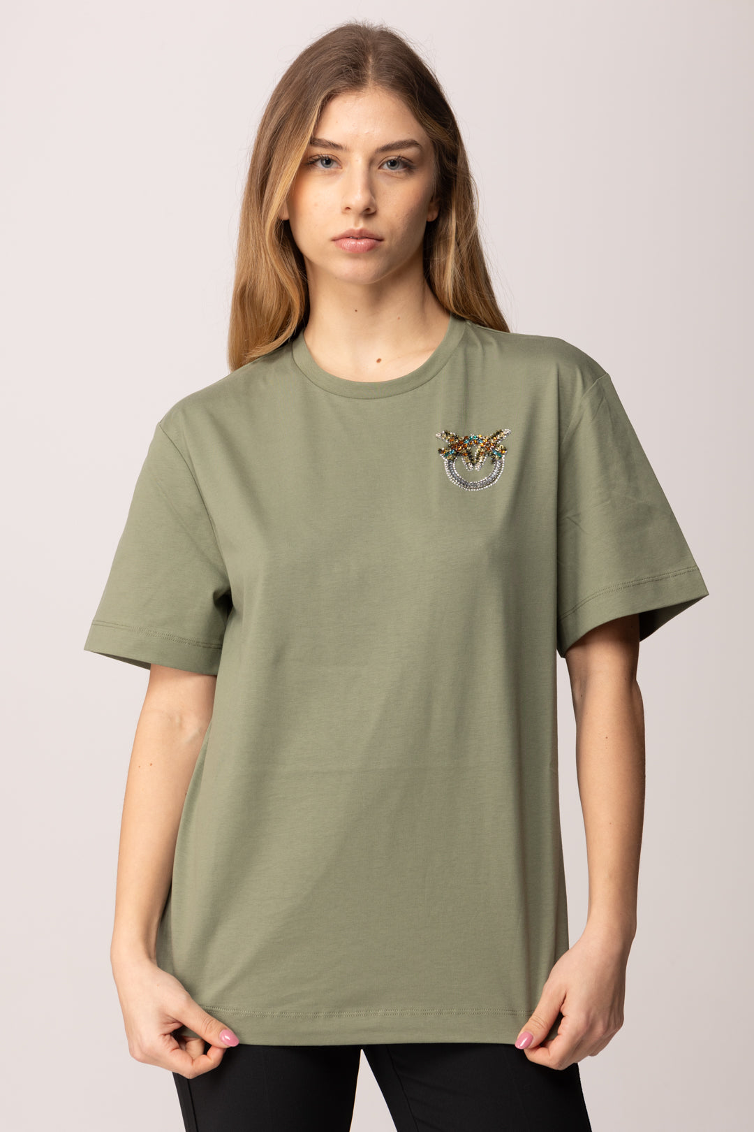 Pinko T-shirt con Ricamo Logo Love Birds Mini In Cristalli 105526 A33F U84